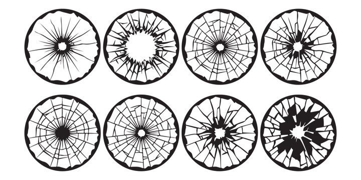 Set of eight circular broken glass patterns and shattered window cracks in black and white