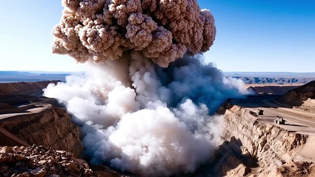 Powerful detonation creating a large blast wave that throws up a massive cloud of dust and smoke inside an open pit mine during quarrying operations against a clear blue desert sky