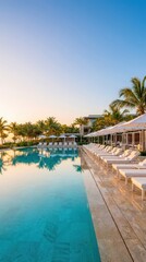 Fototapeta premium Luxury resort swimming pool with palm trees under clear sky. Relaxing destination, premium travel, tropical escape, leisure lifestyle, summer vacation.