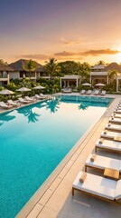 Fototapeta premium Luxury resort swimming pool with palm trees under clear sky. Relaxing destination, premium travel, tropical escape, leisure lifestyle, summer vacation.