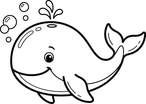 Friendly whale blowing water bubbles isolated on a white background for children educational coloring book page art projects.