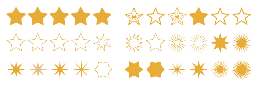 Star icon set with solid color and line styles for rating and favorite designs
