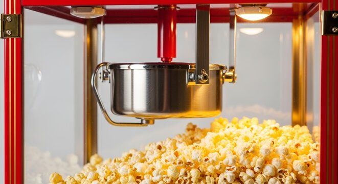 Retro popcorn machine with freshly popped corn filling bowl and shiny metal component. Popcorn machine features bright red exterior and warm lighting, creating nostalgic movie theater ambiance.