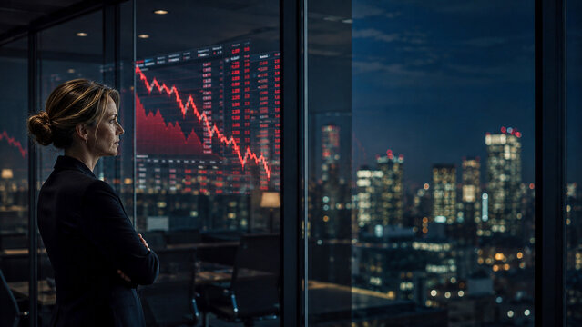 Businesswoman watching a bearish stock market chart in a modern glass office overlooking a city skyline at night with dramatic lighting
