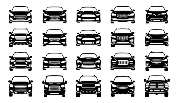 Premium front view car silhouette vector collection featuring modern automobile vehicle icons for transportation and automotive design isolated on white background