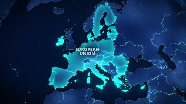 3D Map of the European Union with Glowing Cyan Member States on Dark Blue Background, Modern Geopolitical Infographic for Corporate Presentations and Broadcast News Graphics.
