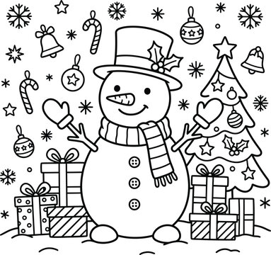 A jolly snowman wearing a hat and scarf next to a christmas tree and gifts in this festive black and white coloring page scene.