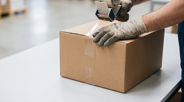 Box sealing concept. Close-up of worker's hands sealing cardboard shipping box with tape. Logistics packaging concept.