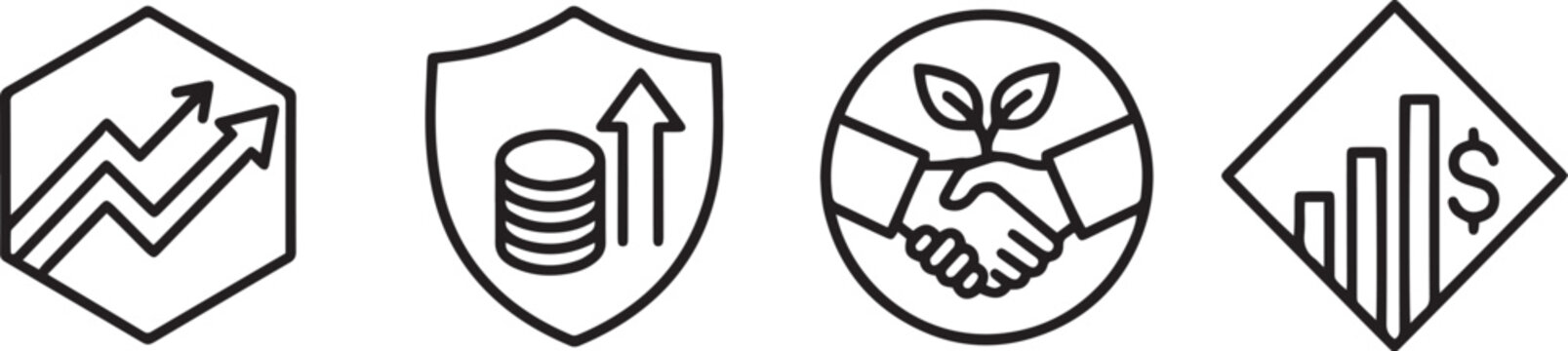 Minimalist corporate handshake eco partnership and dollar bar chart outline icon set.
