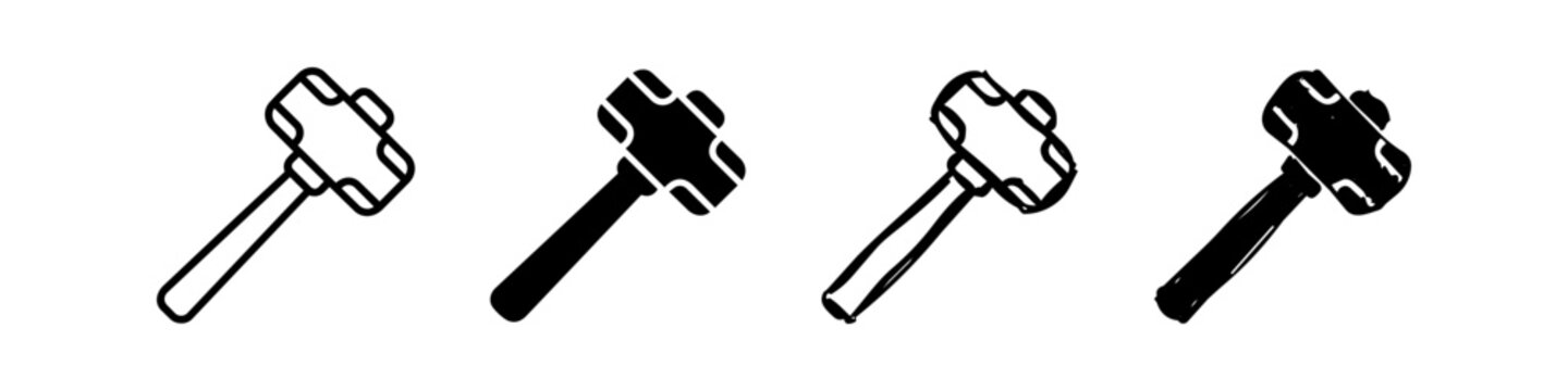 Set of four sledgehammer icons in outline, solid, and hand-drawn styles. Useful for construction, DIY, and demolition graphics. Minimalist black vector art on white.