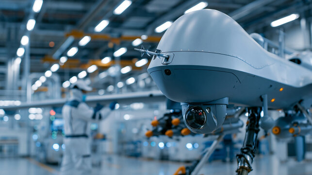 Ultra-realistic close-up profile of a military drone wing equipped with precise missile payloads on a defense production line, a technician in protective gear adjusting a wing flap