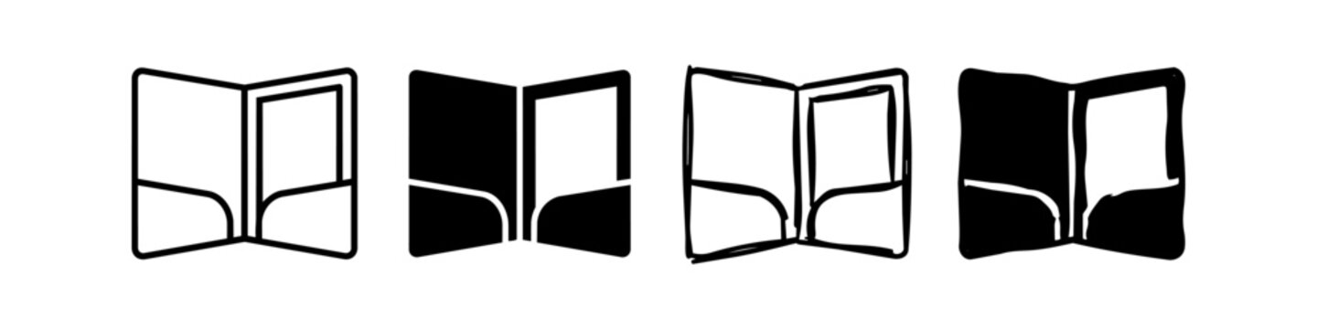 Set of four folder icons in line, solid, and sketch styles. Represents open presentation binders with pockets for office organization.