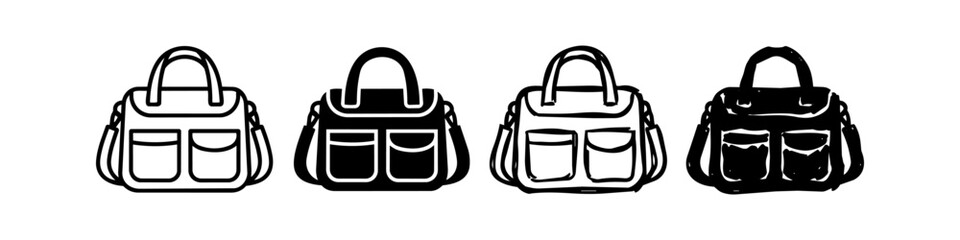 Set of four camera bag icons in linear, solid, and hand-drawn styles. Black and white minimalist vector illustrations for photography and travel themes. © Nort Kor