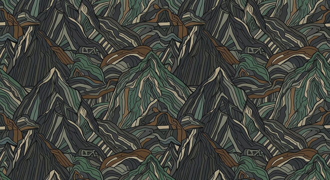 Vintage style mountain landscape texture seamless pattern