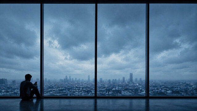 Lonely investor sitting by a panoramic window overlooking a stormy city skyline after stock market losses under dramatic cloudy daylight