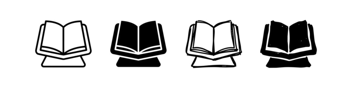 Set of four Quran on rehal book stand icons in various graphic styles. Minimalist black and white design for Islamic religious concepts.