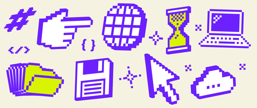 3D retro Y2K pixel cloud storage and file management icons with file folders, cursor, laptop and save symbol. 8-bit vector elements for SaaS, cloud computing, web applications and productivity tools