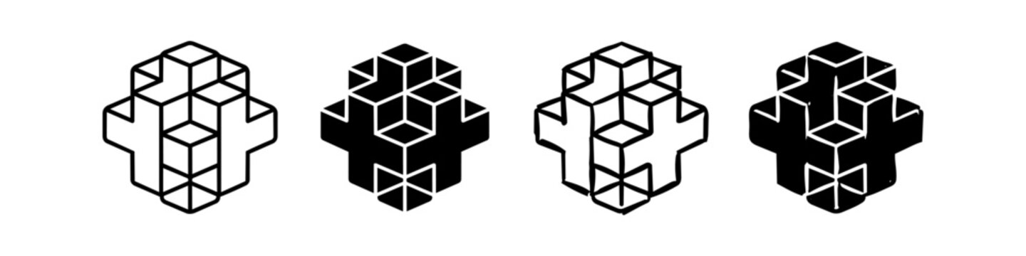 Four isometric 3D cross icons made of cubes. Variations include clean outlines, hand-drawn sketches, and solid fills. Ideal for logos, math graphics, or geometric designs.