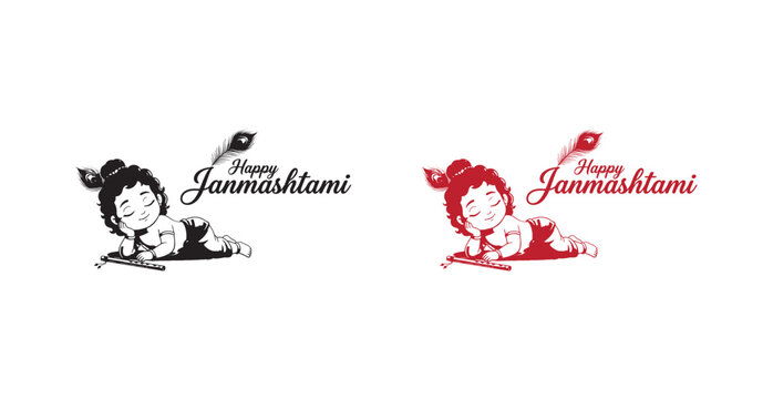 Janmashtami illustration baby Kirshna with flute in black and red line art