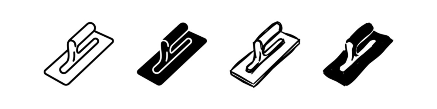 Collection of hand-drawn masonry trowel icons in multiple artistic styles. Perfect for construction, renovation, and DIY projects. Minimalist black and white sketches.