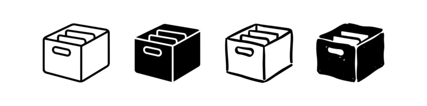 Set of archive box icons in outline, solid, and hand-drawn styles. Ideal for office organization, file storage, and documentation management concepts.