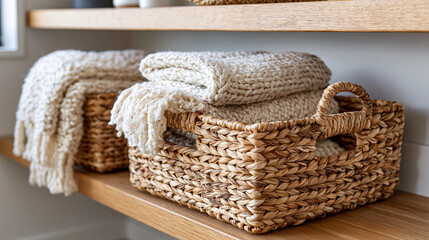 Obraz premium Use Decorative Baskets for Organization in-ultra-tiny apartment, clean, not cluttered. Decorative baskets provide attractive storage while reducing everyday clutter. Use them to or