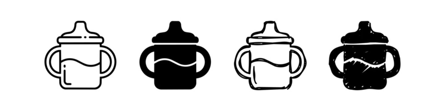 Set of baby sippy cup icons in four styles: outline, solid, and hand-drawn. Perfect for parenting, childcare, and baby gear graphics.