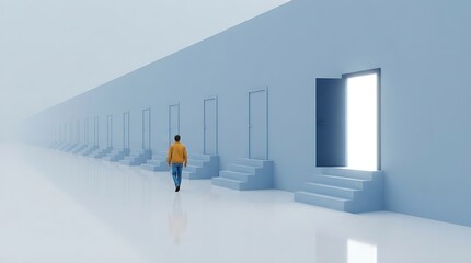 Fototapeta premium Businessman Standing in a Modern Office Doorway on a Ladder in Bright Minimal Interior with Open Entrance and Architectural Design Concept