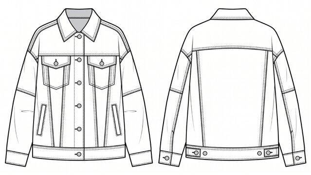 Women's Oversized Denim Jacket Technical Drawing Vector, Modern Streetwear CAD Flat Design, Clean Apparel Sketch, Front and Back Garment Template, Isolated on White Background