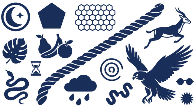 Diverse collection of isolated vector graphic elements and versatile symbols, featuring silhouettes of natural objects, abstract patterns, and essential shapes for creative design projects