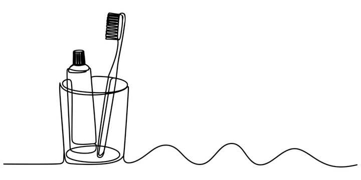 Continuous single line drawing of a toothbrush and toothpaste in a glass cup on a white background for dental hygiene and bathroom wellness concept Vector, illustration