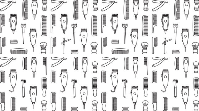 Barbershop tools pattern with hair clippers combs and razors in a hand drawn doodle sketch style