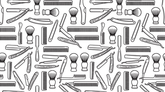 Barbershop tools seamless pattern with straight razors shaving brushes and combs in vintage hand drawn sketch style