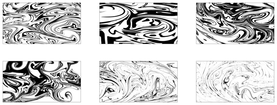 Set of abstract backgrounds. Ink marbling textures. Black and white. Hand drawn marble illustration. Six abstract black ebru liquid background collection.