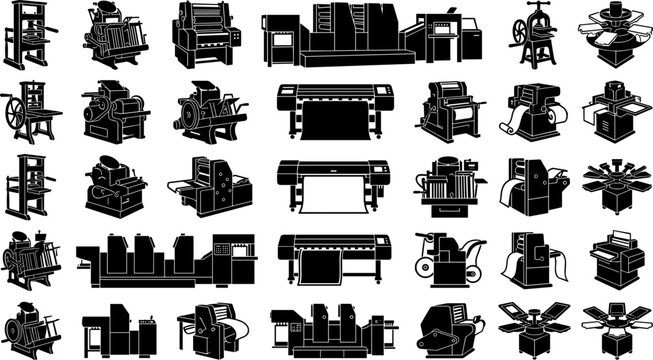 Industrial Printing Press Machine Silhouette Set with Offset, Digital, Large Format Plotter, and Screen Printer Icons for Publishing Industry and Print Shop Branding Designs