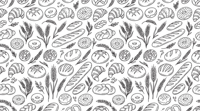 Hand drawn bakery seamless pattern with bread loaves croissants and wheat ears on white background vector illustration