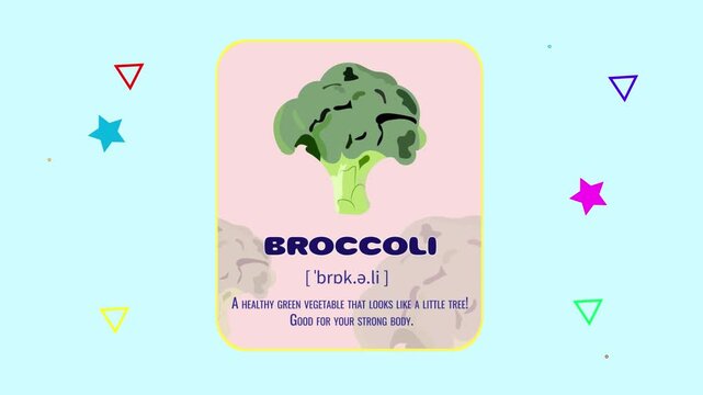 Broccoli flashcard motion graphics animation with floating geometric shapes
