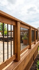 Fototapeta premium Modern wooden deck railing with cable balusters on a sunny patio. Contemporary architecture, outdoor living, home improvement, stylish design.