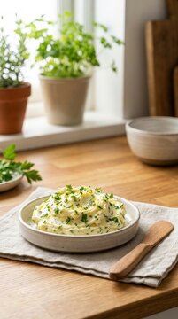 Creamy mashed potatoes served in a rustic bowl on a kitchen table. Comfort food, homemade recipe, family meal, traditional cooking, cozy dining.