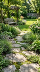 Fototapeta premium Stone garden pathway winding through lush flowering borders. Peaceful landscape, home gardening, outdoor beauty, natural retreat, spring inspiration.