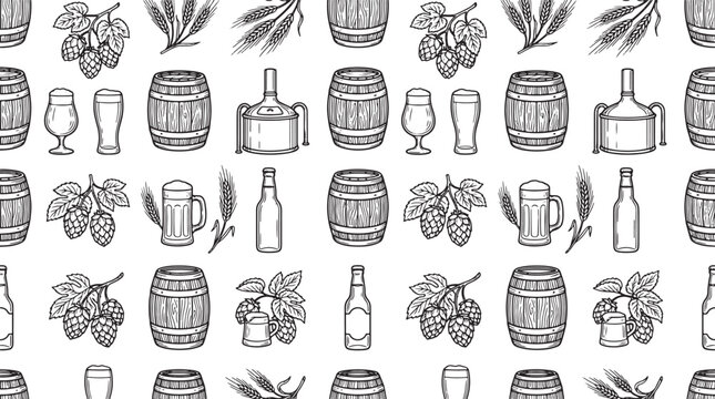 Seamless pattern with beer brewing elements including wooden barrels hops wheat stalks and glassware in sketch style