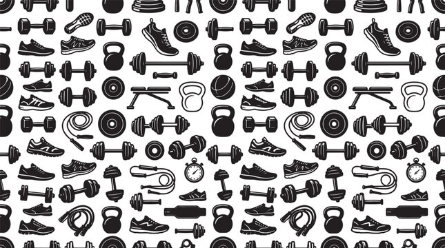 Seamless pattern with fitness equipment and gym gear icons in black and white vector illustration style