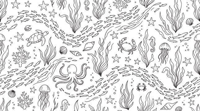 Seamless pattern with hand drawn marine life including fish schools octopus turtle and seaweed black white vector