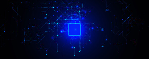 AI Chipset Artificial Intelligence Logo Background. Glow CPU Microchip Dark Tech Futuristic Circuit Pattern BG Design. Chip Board Backdrop Digital Cloud Future Data Technology. Vector illustration