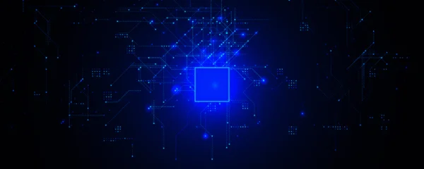 AI Chipset Artificial Intelligence Logo Background. Glow CPU Microchip Dark Tech Futuristic Circuit Pattern BG Design. Chip Board Backdrop Digital Cloud Future Data Technology. Vector illustration © artyway