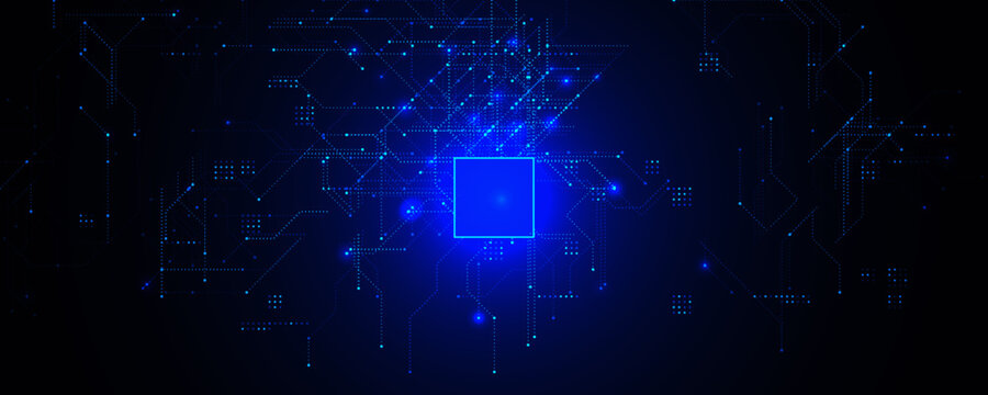 AI Chipset Artificial Intelligence Logo Background. Glow CPU Microchip Dark Tech Futuristic Circuit Pattern BG Design. Chip Board Backdrop Digital Cloud Future Data Technology. Vector illustration