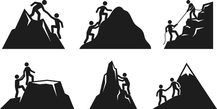 Black silhouettes of people helping each other climb mountains