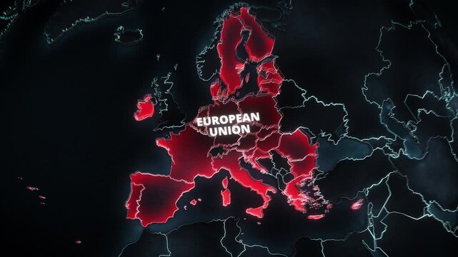 3D dark map of Europe with a glowing red pulsating alert highlighting European Union countries. High-tech digital interface animation ideal for geopolitical broadcast news or presentation backdrops.
