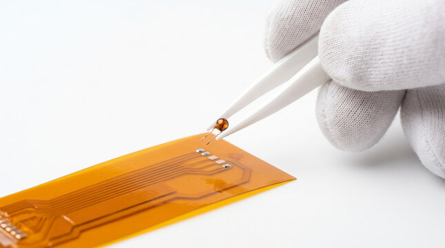 White Tweezers Holding Electronic Component Above Flexible Circuit