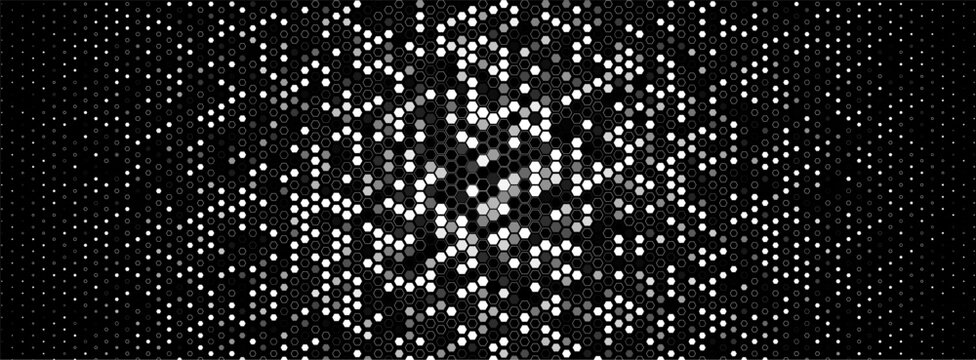 Hexagon halftone field dense left, fade right. Honeycomb mosaic tech vibe. Topics technology data. Use background banner UI cover print. Monochrome minimal geometric BG. Vector illustration